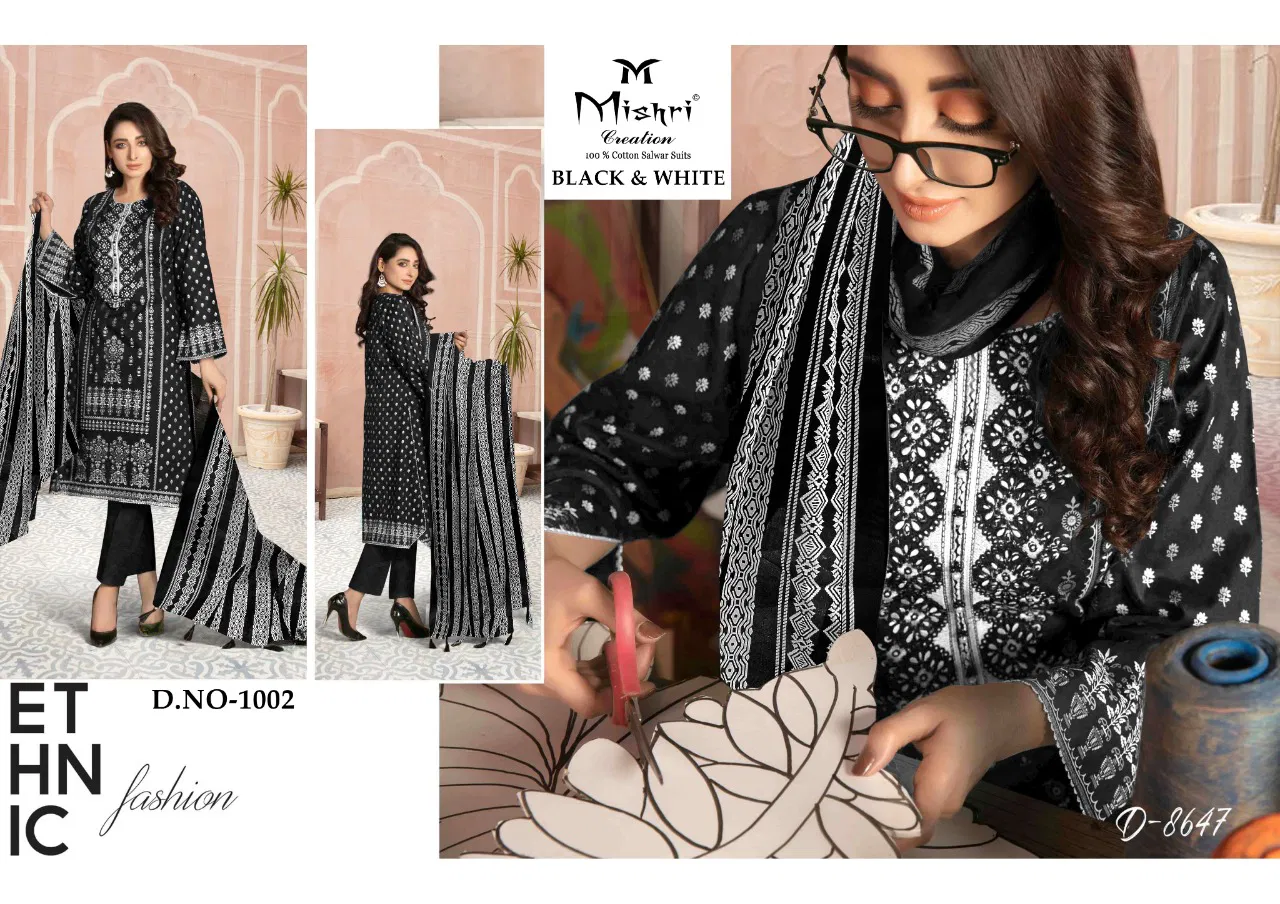 Mishri Black White Lalest Fancy Designer Black And White Heavy Cotton Print Karachi Dress Material